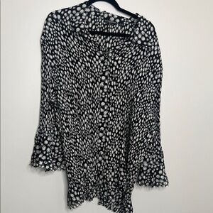 Black and White Polka Dot Blouse collared flare sleeve perforated texture
